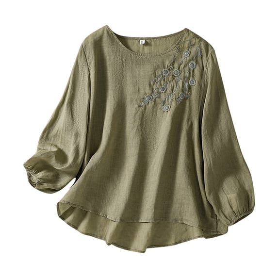 Women's T-Shirts Spring Embroidered Round Neck Long Sleeve T Shirt Bohemian Loose Fit Floral Applique Top for Casual Wear