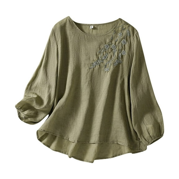 Women's T-Shirts Spring Embroidered Round Neck Long Sleeve T Shirt Bohemian Loose Fit Floral Applique Top for Casual Wear
