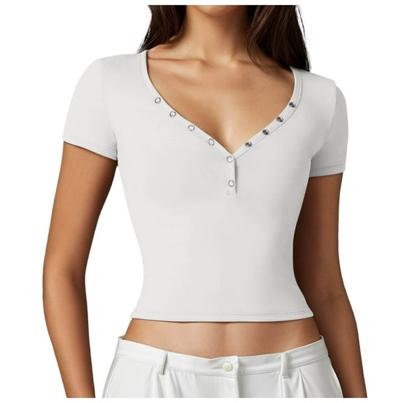 Women's T-Shirts Stylish Sexy Short Sleeve Button Up Crop Top Double Lined Slim Fit for Going Out and Casual Wear