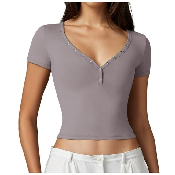 Women's T-Shirts Stylish Sexy Short Sleeve Button Up Crop Top Double Lined Slim Fit for Going Out and Casual Wear