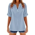 thumbnail image 1 of Women's T-Shirts Stylish Solid Color V Neck Short Sleeve Linen Blend Blouse for Casual Wear Comfortable Fashion, 1 of 4