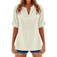 thumbnail image 1 of Women's T-Shirts Stylish Solid Color V Neck Short Sleeve Linen Blend Blouse for Casual Wear Comfortable Fashion, 1 of 4