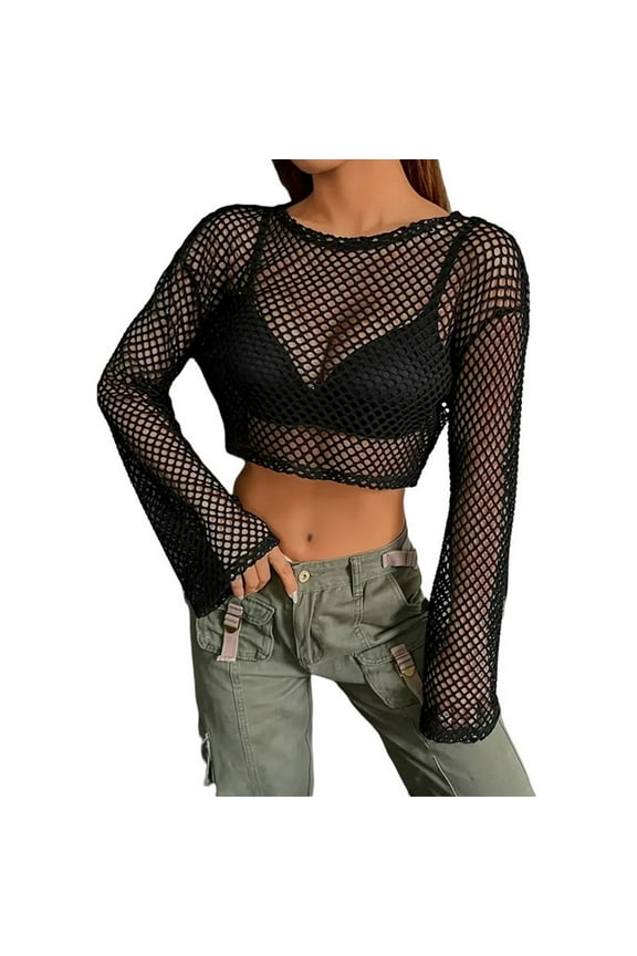 Women's T-Shirts Stylish Women's Fashion Sexy Mesh Smock Shirt Fishnet Long Sleeve Mesh T Shirt Top for Casual Wear