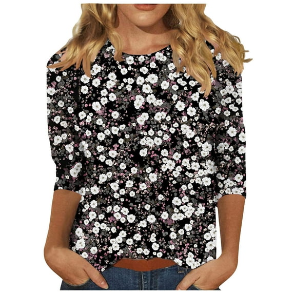 Women's T-Shirts Summer 3/4 Length Sleeve Tops Casual Floral Print Blouses Fashion Ladies Tunic Tee