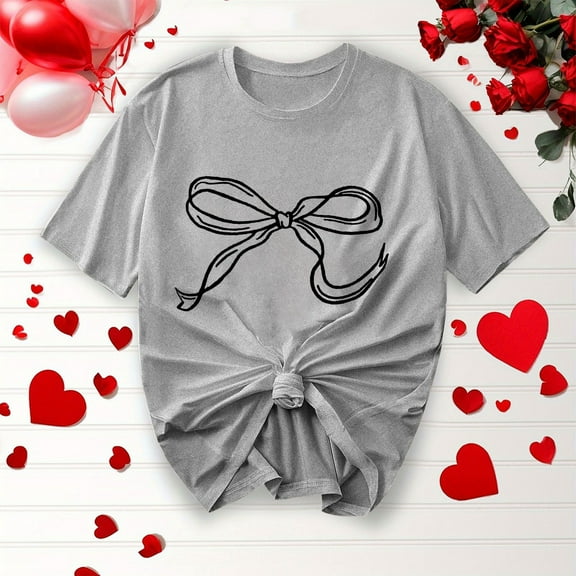Women's T-Shirts Summer Casual Fashion Shirts New Bow Ribbon Print Round Neck Short Sleeve Blouses Top