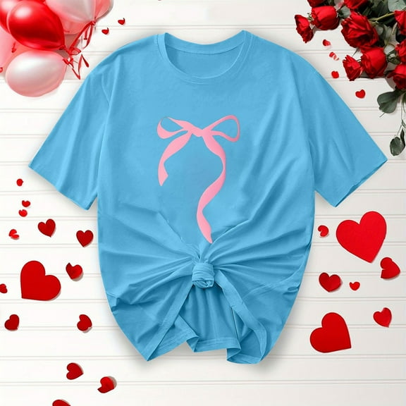 Women's T-Shirts Summer Casual Fashion Shirts New Bow Ribbon Print Soft Cotton T-shirt Round Neck Short Sleeve Blouses Top