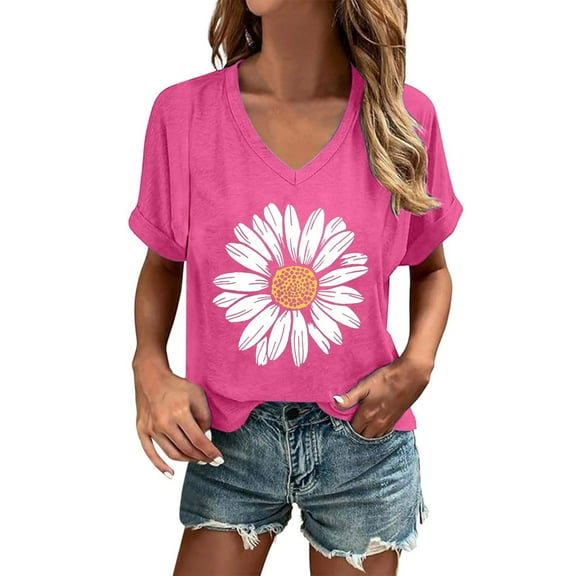 Women's T-Shirts Summer Daisy Graphic Shirts Vintage Boho Flowers Wildflowers Print Short Sleeve Loose Fit Beach Tops