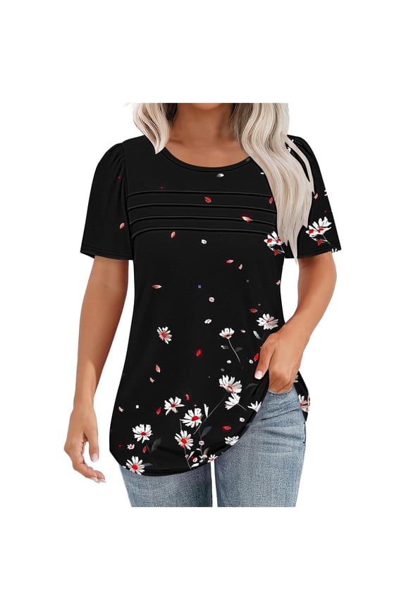 Women's T-Shirts Summer New Fashion Floral Prints Top Loose Round Neck Chest Pleated Shirts Womens Casual Short Sleeve Blouses Pullover Tops