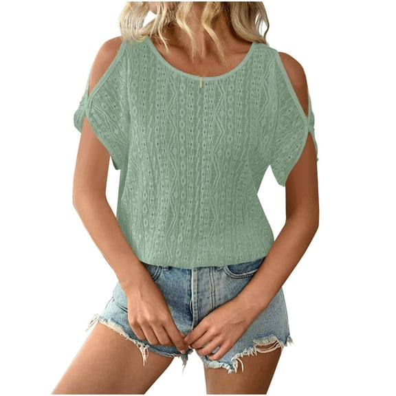 Women's T-Shirts Summer Off-Shoulder Top Short Sleeve Shirts Crew Neck TShirt Solid Color Tunic Trendy Casual Loose Blouse Fashion Pullover Tops for Women