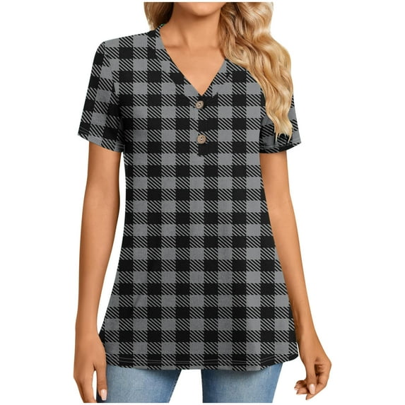 Women's T-Shirts Summer Plaid V Neck Button Short Sleeve Tops Casual Loose Tunic Comfortable Tee Blouses (3XL, Dark Gray)