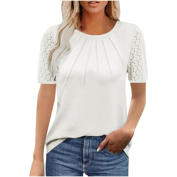 Women's T-Shirts Summer Short Sleeve Shirts Round Neck Lace Pleated T Shirt Office Dressy Business Blouses Casual Loose Pullover Tops