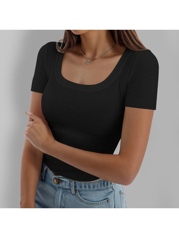 Women's T Shirts Summer Short Sleeve Square Neck Slim Fitted Basic Top Womens Tees Black L