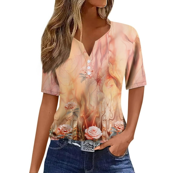 Women's T-Shirts Summer Tops 2025 Vacation Trendy V Neck Boho Short Sleeve Shirts Casual Loose Comfy Tunics-Multicolor-XL