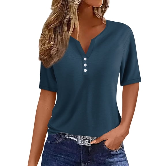Women's T-Shirts Summer Tops 2025 Vacation Trendy V Neck Boho Short Sleeve Shirts Casual Loose Comfy Tunics-Navy-3XL