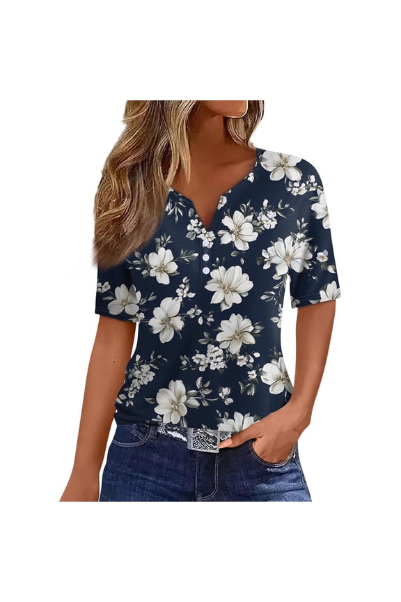 Women's T-Shirts Summer Tops 2025 Vacation Trendy V Neck Boho Short Sleeve Shirts Casual Loose Comfy Tunics-Navy-XL