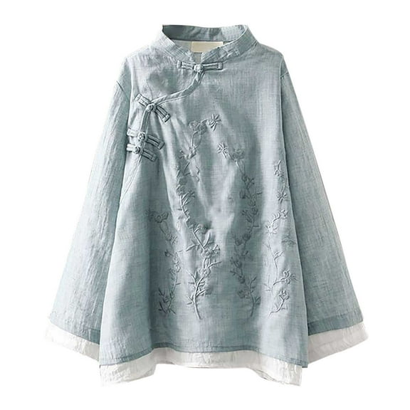 Women's T-Shirts Summer Tops Vintage Embroidered Button Down Linen Shirt for Women Chinese Zen Tea Apparel Loose Fit Contrast Round Neck Top
