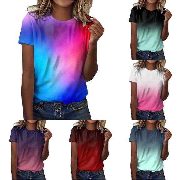 Women's T-Shirts T Womens Daily Summer Gradient Print O Neck Tank Tops Short Sleeve Workout Shirts Casual Loose Tees Blue L