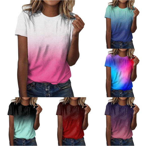 Women's T-Shirts T Womens Daily Summer Gradient Print O Neck Tank Tops Short Sleeve Workout Shirts Casual Loose Tees Pink XL