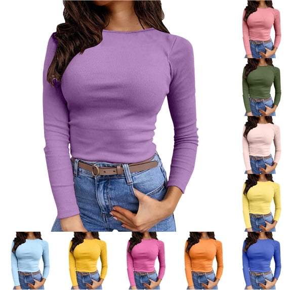 Women's T-Shirts T1 - Womens Long Sleeve Stretch Crewneck Ribbed T Shirt Fitted Casual Basic Tops