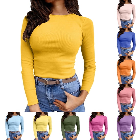 Women's T-Shirts T1 - Womens Long Sleeve Stretch Crewneck Ribbed T Shirt Fitted Casual Basic Tops