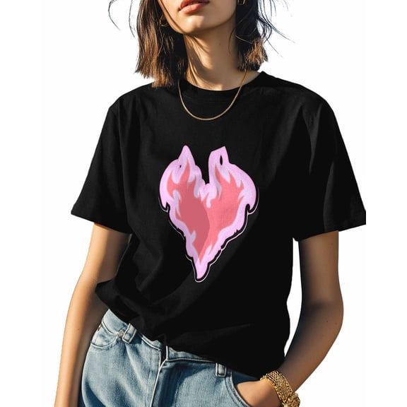 Women's T-Shirts, Trendy Pink Heart Fire Cotton Crewneck Tee Short Sleeve Casual Tops Loose Graphic T-Shirt Black, 3XL