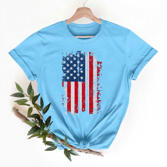 Women's T-Shirts USA Flags Print Shirts Women Independence Day Printed Round Neck Patriotic Tees Tops Short Sleeve Pullover 4th of July Blouses