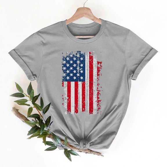 Women's T-Shirts USA Flags Print Shirts Women Independence Day Printed Round Neck Patriotic Tees Tops Short Sleeve Pullover 4th of July Blouses