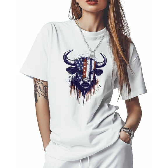 Women's T-Shirts, USA Patriotic American Flag Bull Cotton Crewneck Tee Short Sleeve Casual Tops Loose Graphic T-Shirt White, M