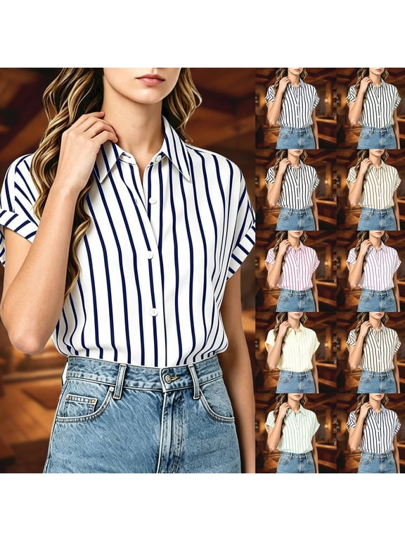 Women's T-Shirts V Neck ed Striped Buttoned Blouse Dressy Casual Basic Tee S-XXL