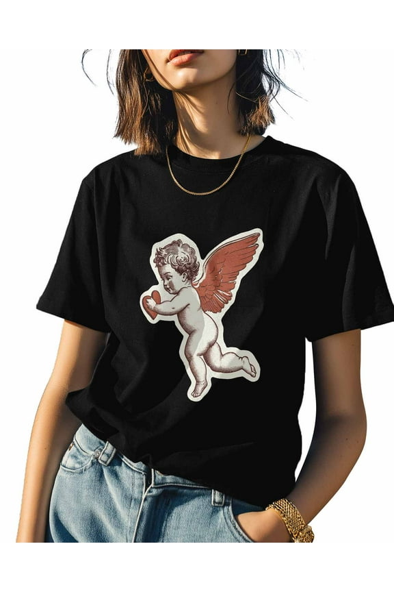 Women's T-Shirts, Valentine Angel Cupid Vintage Cotton Crewneck Tee Short Sleeve Casual Tops Loose Graphic T-Shirt Black, L