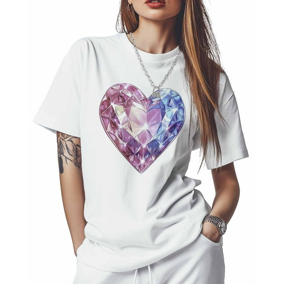 Women's T-Shirts, Valentine's Day Diamond Heart Cotton Crewneck Tee Short Sleeve Casual Tops Loose Graphic T-Shirt White, M