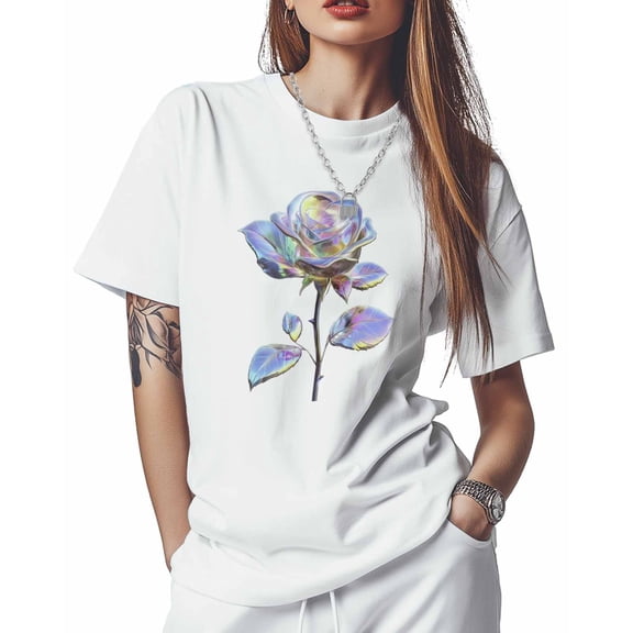 Women's T-Shirts, Valentine's Day Diamond Rose Flower Cotton Crewneck Tee Short Sleeve Casual Tops Loose Graphic T-Shirt White, L