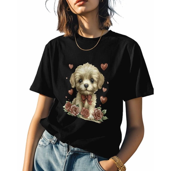 Women's T-Shirts, Valentine's Day Dog Rose Heart Cotton Crewneck Tee Short Sleeve Casual Tops Loose Graphic T-Shirt Black, M