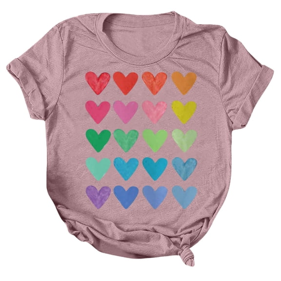 Women's T Shirts Valentine's Day Heart Print Crewneck Short Sleeve T Shirt Women Comfortable Soft Loose Casual Daily Top Pink L