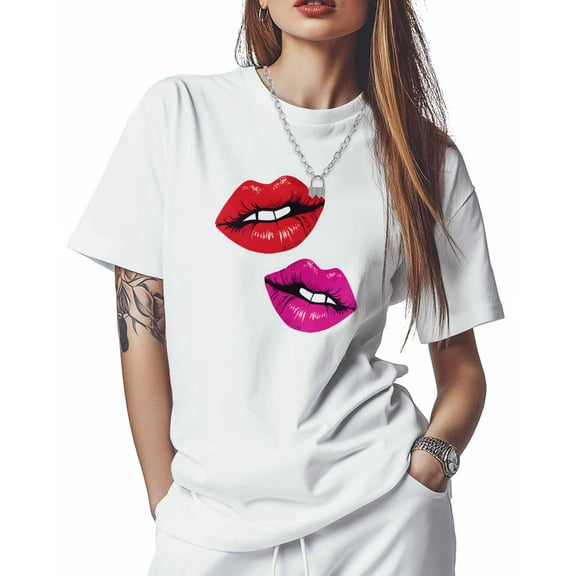 Women's T-Shirts, Valentine's Day Lips Cotton Crewneck Tee Short Sleeve Casual Tops Loose Graphic T-Shirt White, 3XL