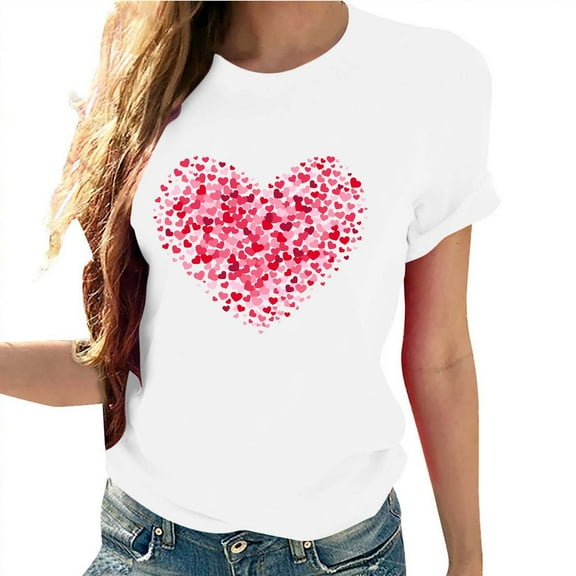Women's T Shirts Valentine's Day Love Heart Printed Shirts Tops Casual Short Sleeve Top Summer T Shirt Loose Round Neck Blouses
