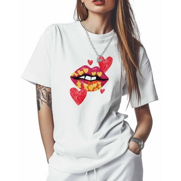 Women's T-Shirts, Valentine's Day Love Lips Cotton Crewneck Tee Short Sleeve Casual Tops Loose Graphic T-Shirt White, XS