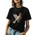 thumbnail image 1 of Women's T-Shirts, Valentine's Day Pigeon with Rose Illustration Cotton Crewneck Tee Short Sleeve Casual Tops Loose Graphic T-Shirt Black, XL, 1 of 7