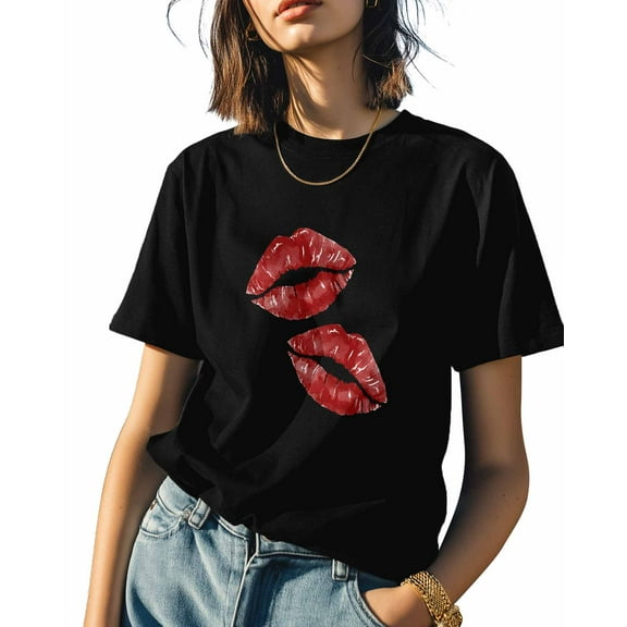 Women's T-Shirts, Valentine's Day Red Lips Cotton Crewneck Tee Short Sleeve Casual Tops Loose Graphic T-Shirt Black, L