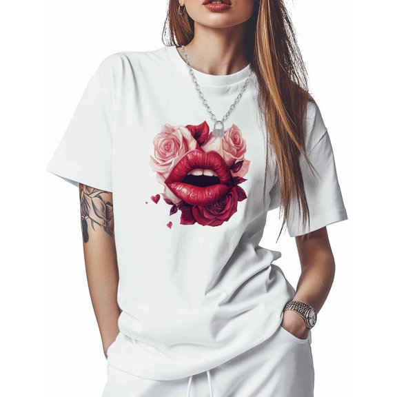 Women's T-Shirts, Valentine's Day Red Lips Pink Rose Cotton Crewneck Tee Short Sleeve Casual Tops Loose Graphic T-Shirt White, M