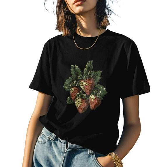 Women's T-Shirts, Valentine's Day Retro Strawberry Cotton Crewneck Tee Short Sleeve Casual Tops Loose Graphic T-Shirt Black, 2XL