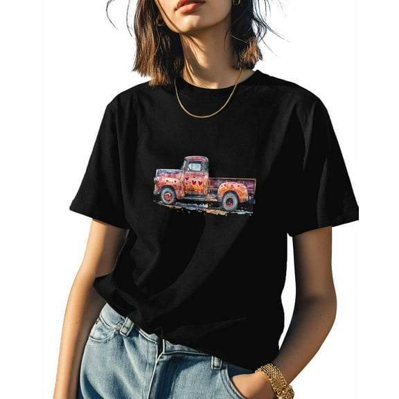 Women's T-Shirts, Valentine's Day Truck Heart Print Cotton Crewneck Tee Short Sleeve Casual Tops Loose Graphic T-Shirt Black, L