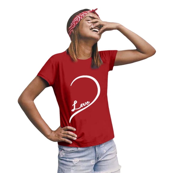 Women's T Shirts Valentines Day Couples Matching Heart Print Women's Round Neck Short Sleeve T Shirt Cozy Lightweight Fabric Comfortable Regular Fit Top Red XL