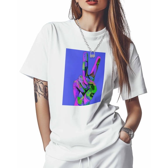 Women's T-Shirts, Victory Sign Peace Sign Hand Cotton Crewneck Tee Short Sleeve Casual Tops Loose Graphic T-Shirt White, 2XL