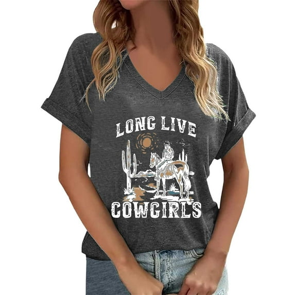 Women's T Shirts Western Cowgirl Vintage Rock Band Graphic Short Sleeve Tops Casual V-Neck Relaxed Fit Pullover Blouses