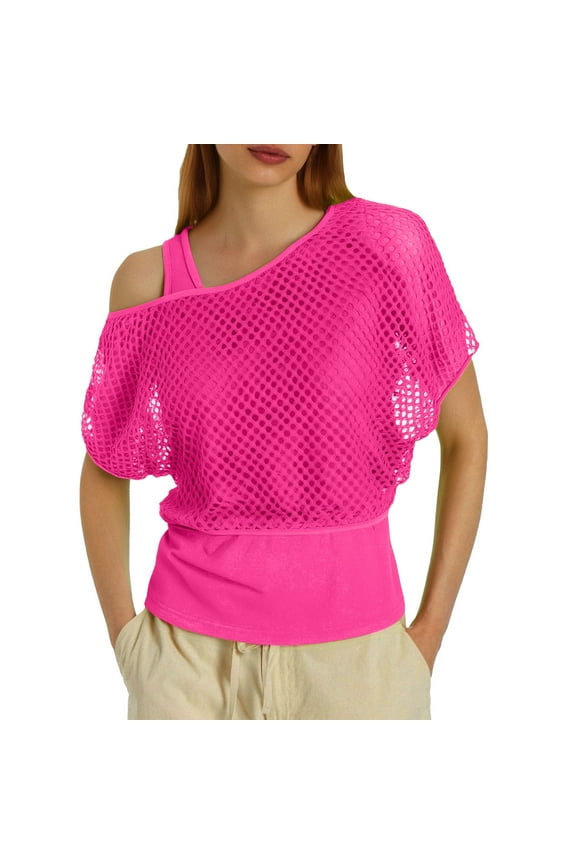 Women's T-Shirts Women 80s Mesh Off Shoulder Top for Style Hot Pink,M