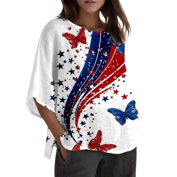 Women's T Shirts Women's Stars and Stripes Crew Neck Elbow Length Sleeve T Shirt Patriotic Graphic for Comfortable Casual Short Sleeve Tee with Inspirational Print Multicolour M