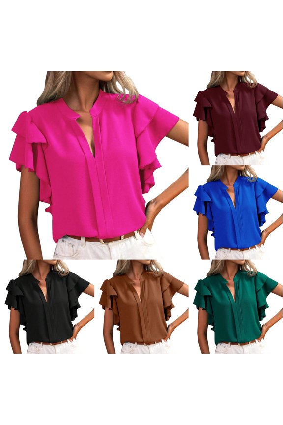 Women's T-Shirts Women's Summer V Neck Casual Double Layer Ruffle Sleeve Solid Color Top Pink M