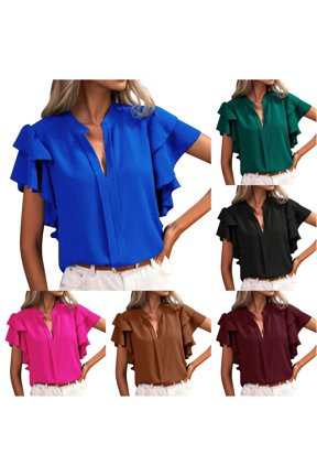 Women's T-Shirts - Women's Summer V Neck Casual Double Layer Ruffle Sleeve Solid Color Top