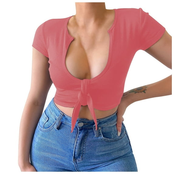 Women's T-Shirts Women's V Neck Tie with Waist Street Sexy Short Sleeved Shirt Top for Stylish Casual Outfits and Everyday Wear